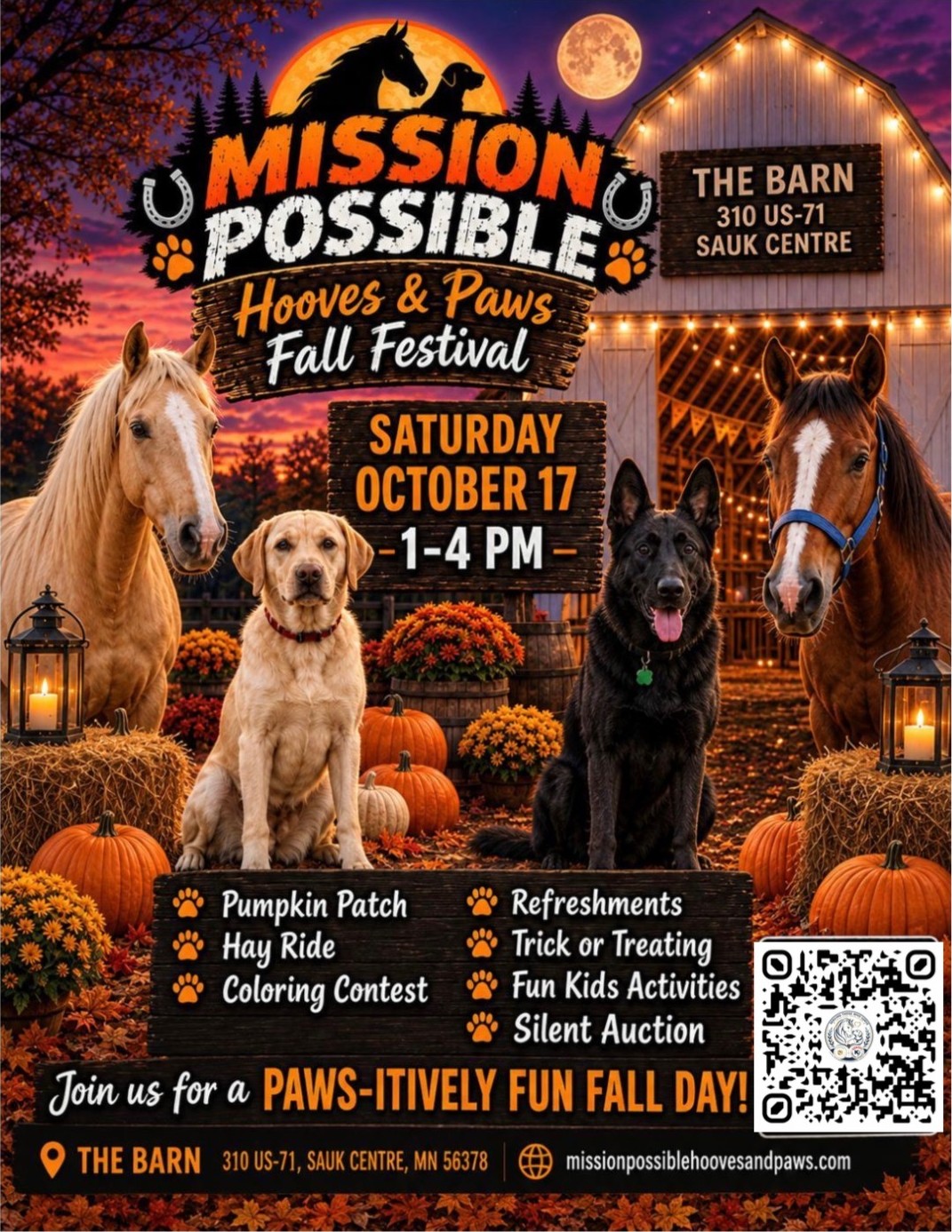 Mission Possible Hooves and Paws Fall Festival flyer. Saturday, October 17, 1 to 4 PM at The Barn, 310 US-71, Sauk Centre, MN 56378. Pumpkin patch, hay ride, coloring contest, refreshments, trick or treating, fun kids activities, and silent auction.
